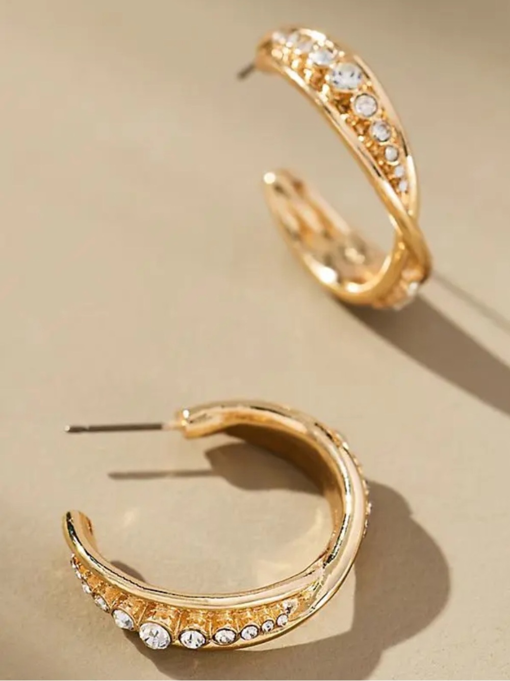 Anthropologie Gold Plated Crystal Column Twist Hoop Earrings New